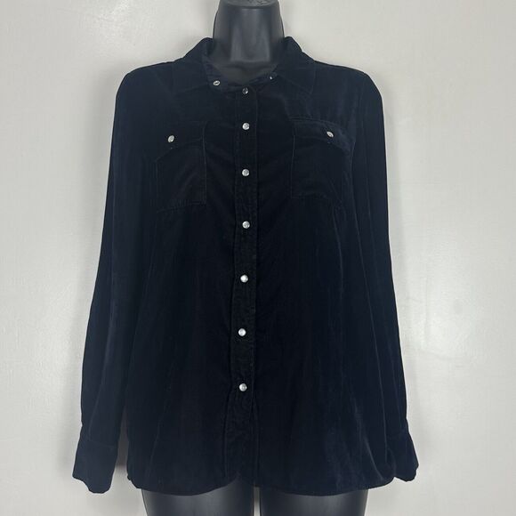 Maje Women's Velvet Snap Pearl Button Long sleeve Shirt Navy Blue Size 2 US M - Picture 1 of 13
